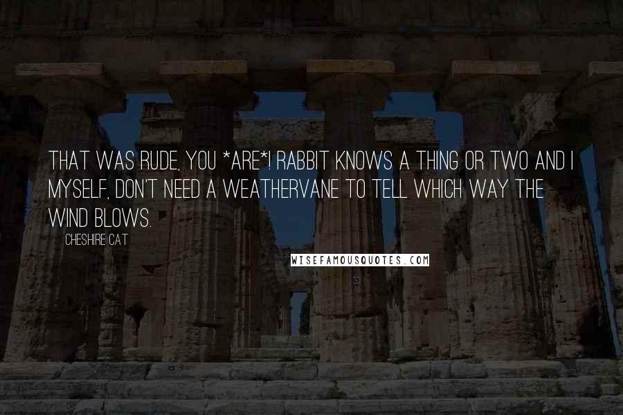 Cheshire Cat Quotes: That was rude, you *are*! Rabbit knows a thing or two and I myself, don't need a weathervane to tell which way the wind blows.