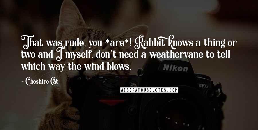 Cheshire Cat Quotes: That was rude, you *are*! Rabbit knows a thing or two and I myself, don't need a weathervane to tell which way the wind blows.