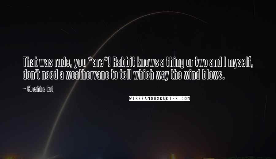 Cheshire Cat Quotes: That was rude, you *are*! Rabbit knows a thing or two and I myself, don't need a weathervane to tell which way the wind blows.