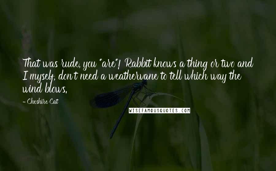 Cheshire Cat Quotes: That was rude, you *are*! Rabbit knows a thing or two and I myself, don't need a weathervane to tell which way the wind blows.