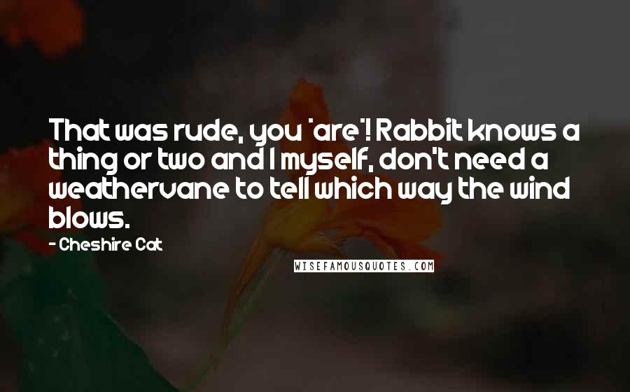 Cheshire Cat Quotes: That was rude, you *are*! Rabbit knows a thing or two and I myself, don't need a weathervane to tell which way the wind blows.