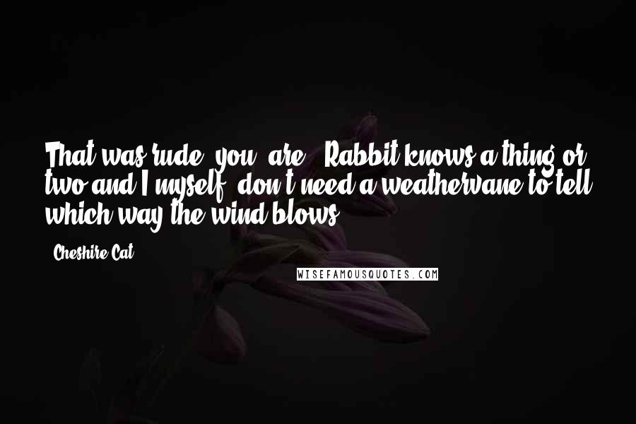 Cheshire Cat Quotes: That was rude, you *are*! Rabbit knows a thing or two and I myself, don't need a weathervane to tell which way the wind blows.