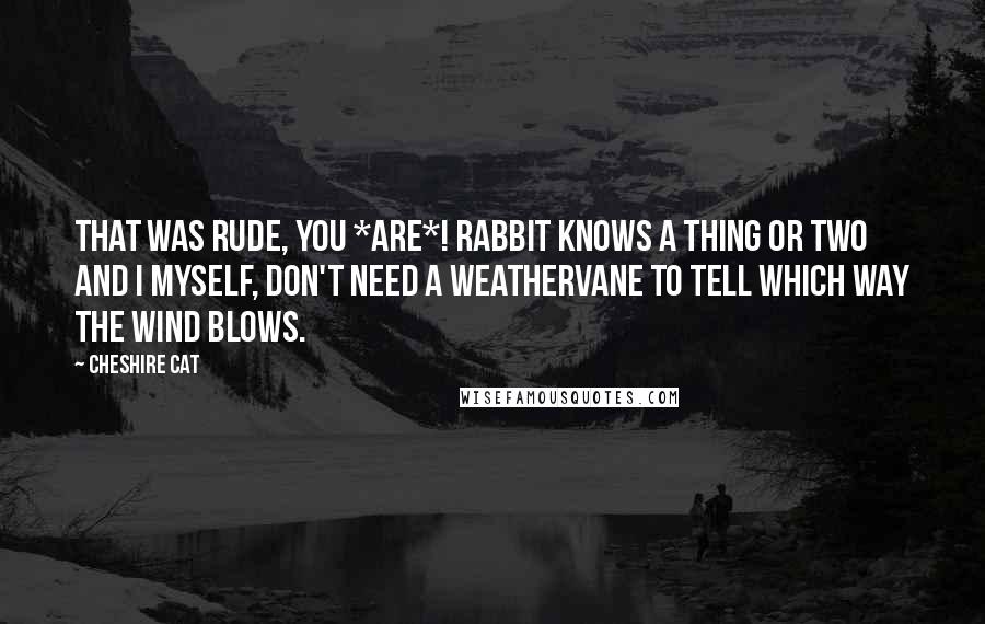 Cheshire Cat Quotes: That was rude, you *are*! Rabbit knows a thing or two and I myself, don't need a weathervane to tell which way the wind blows.