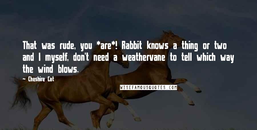 Cheshire Cat Quotes: That was rude, you *are*! Rabbit knows a thing or two and I myself, don't need a weathervane to tell which way the wind blows.