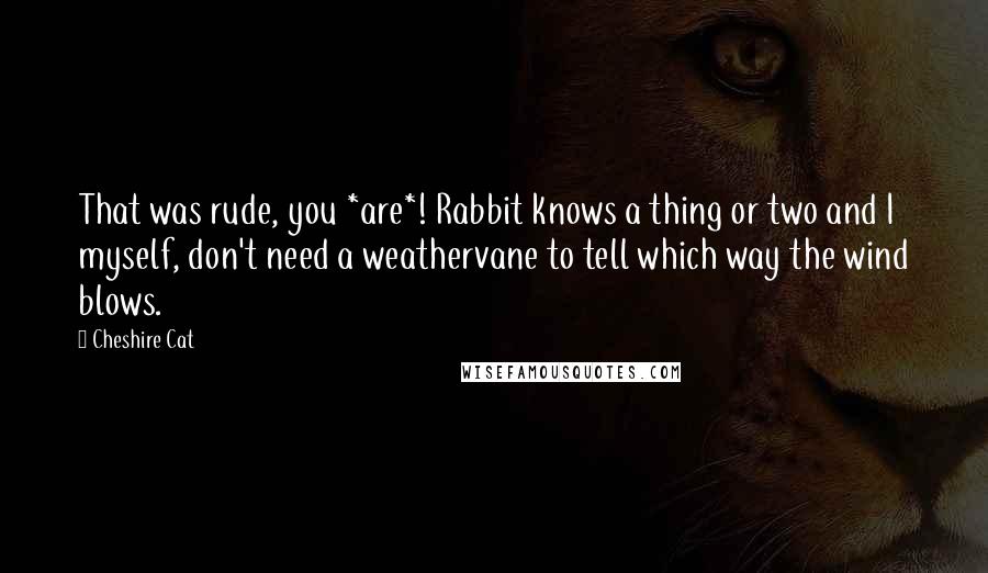 Cheshire Cat Quotes: That was rude, you *are*! Rabbit knows a thing or two and I myself, don't need a weathervane to tell which way the wind blows.