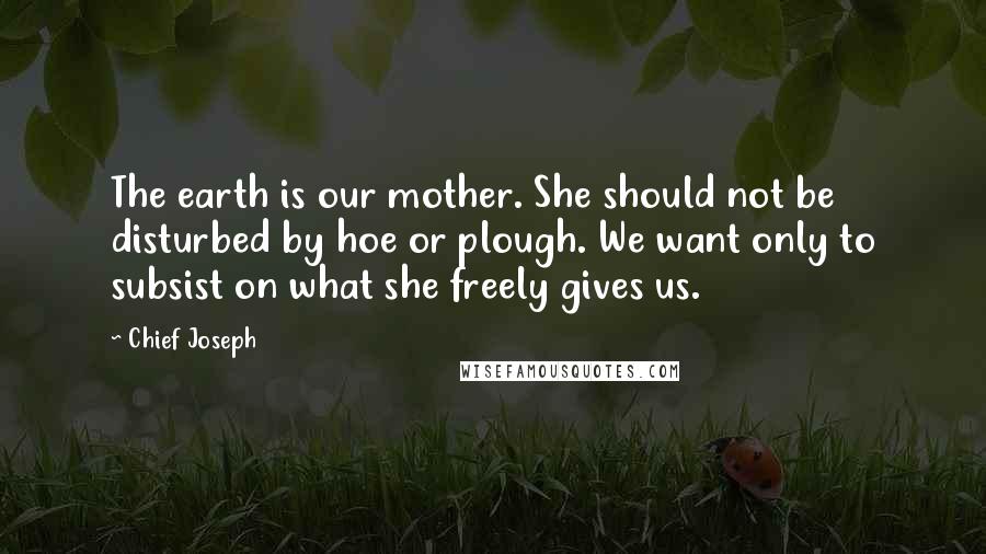 Chief Joseph Quotes: The earth is our mother. She should not be disturbed by hoe or plough. We want only to subsist on what she freely gives us.