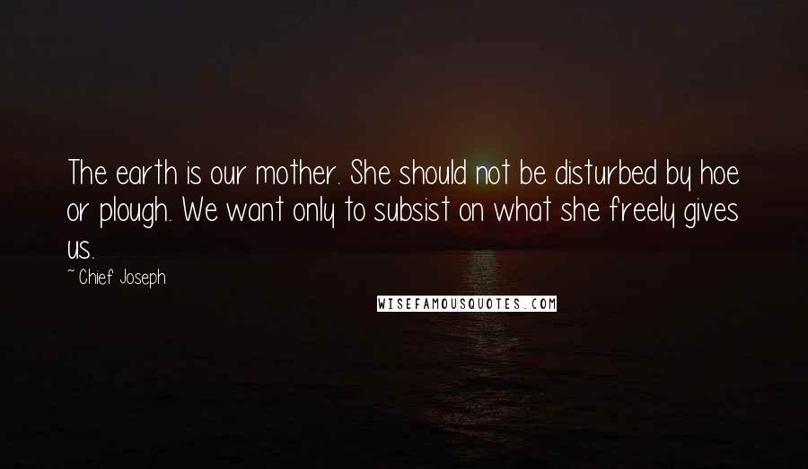 Chief Joseph Quotes: The earth is our mother. She should not be disturbed by hoe or plough. We want only to subsist on what she freely gives us.