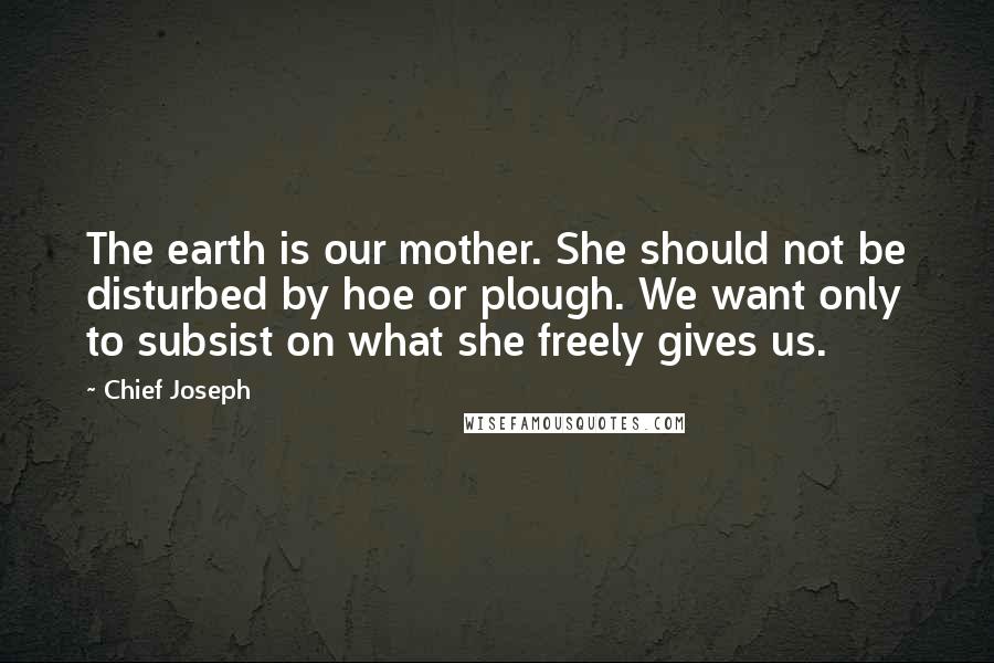 Chief Joseph Quotes: The earth is our mother. She should not be disturbed by hoe or plough. We want only to subsist on what she freely gives us.