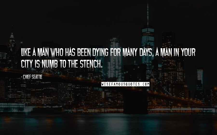 Chief Seattle Quotes: Like a man who has been dying for many days, a man in your city is numb to the stench.