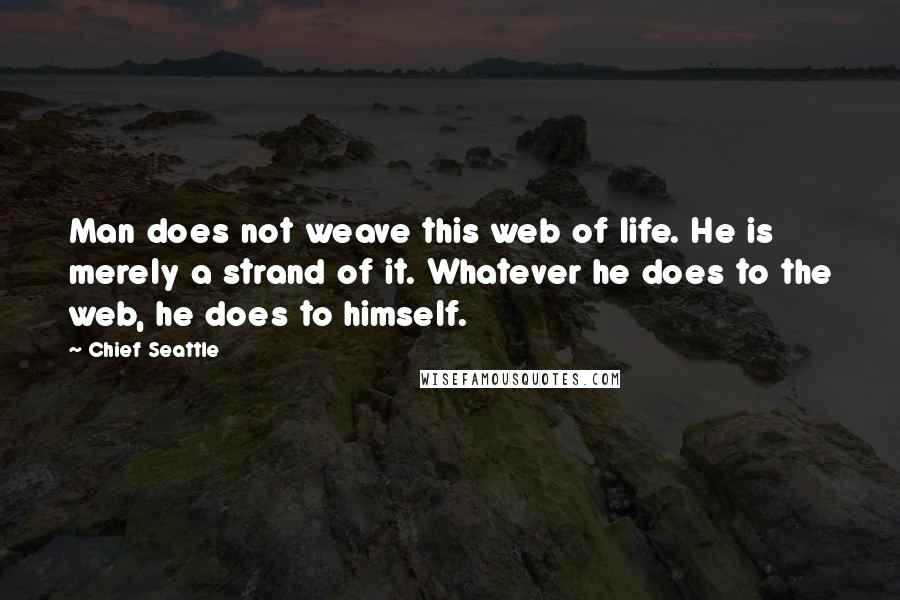 Chief Seattle Quotes: Man does not weave this web of life. He is merely a strand of it. Whatever he does to the web, he does to himself.