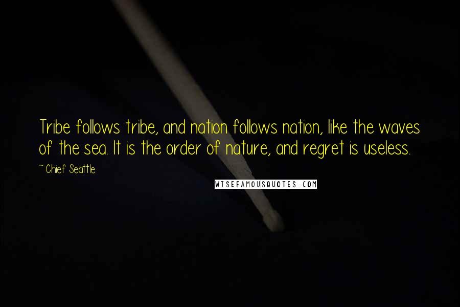 Chief Seattle Quotes: Tribe follows tribe, and nation follows nation, like the waves of the sea. It is the order of nature, and regret is useless.