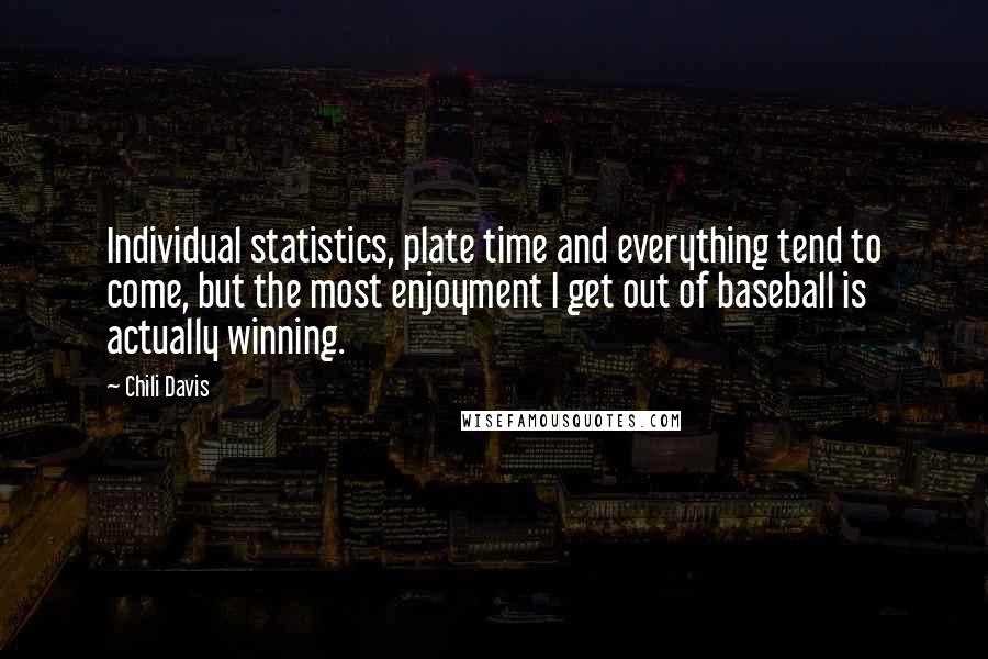 Chili Davis Quotes: Individual statistics, plate time and everything tend to come, but the most enjoyment I get out of baseball is actually winning.