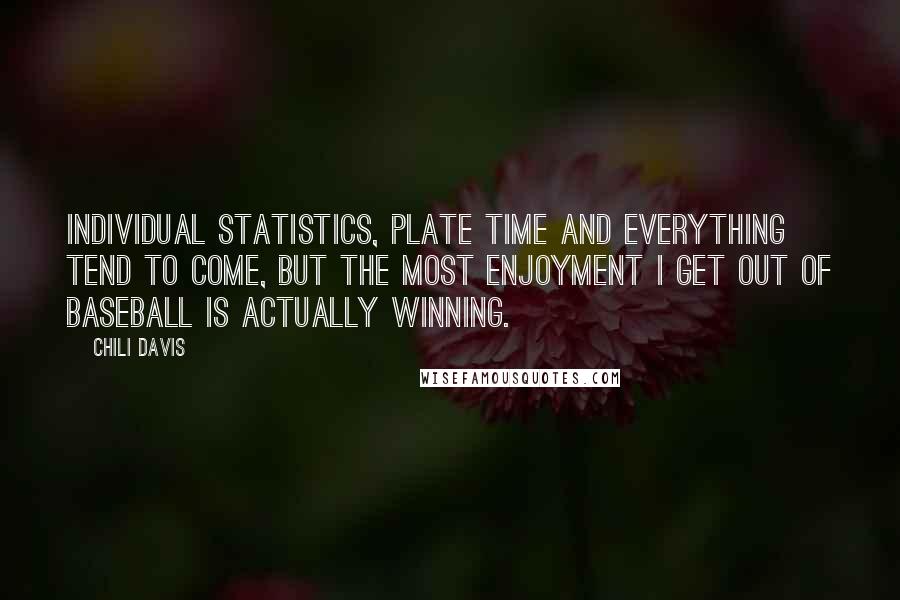 Chili Davis Quotes: Individual statistics, plate time and everything tend to come, but the most enjoyment I get out of baseball is actually winning.