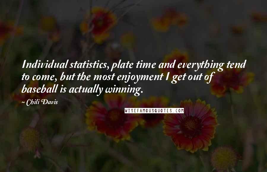 Chili Davis Quotes: Individual statistics, plate time and everything tend to come, but the most enjoyment I get out of baseball is actually winning.