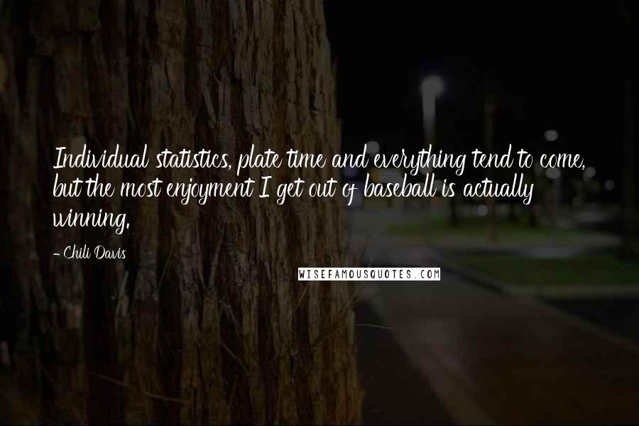 Chili Davis Quotes: Individual statistics, plate time and everything tend to come, but the most enjoyment I get out of baseball is actually winning.