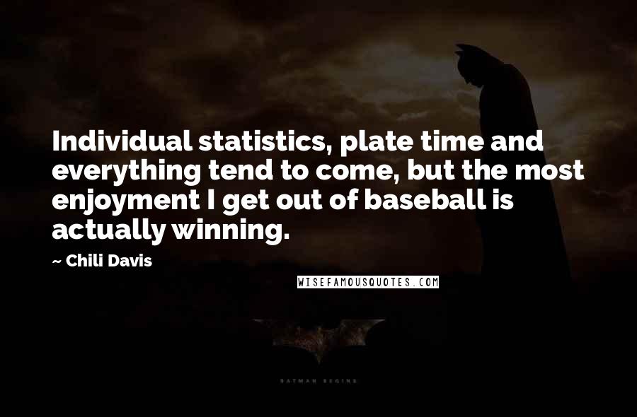 Chili Davis Quotes: Individual statistics, plate time and everything tend to come, but the most enjoyment I get out of baseball is actually winning.