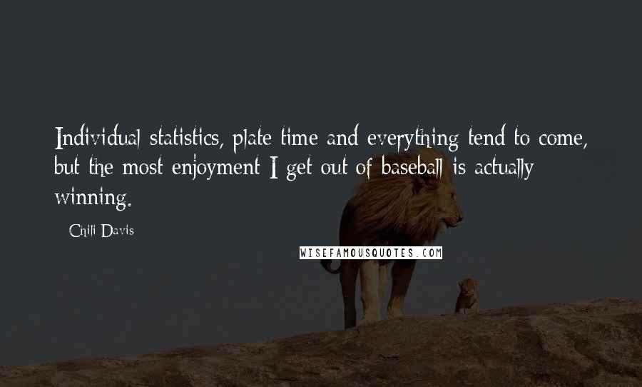 Chili Davis Quotes: Individual statistics, plate time and everything tend to come, but the most enjoyment I get out of baseball is actually winning.