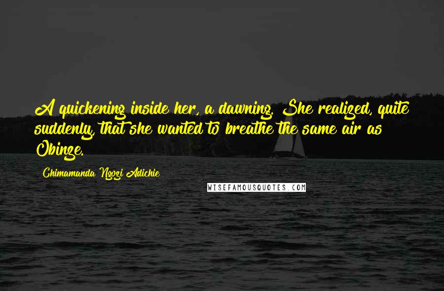 Chimamanda Ngozi Adichie Quotes: A quickening inside her, a dawning. She realized, quite suddenly, that she wanted to breathe the same air as Obinze.