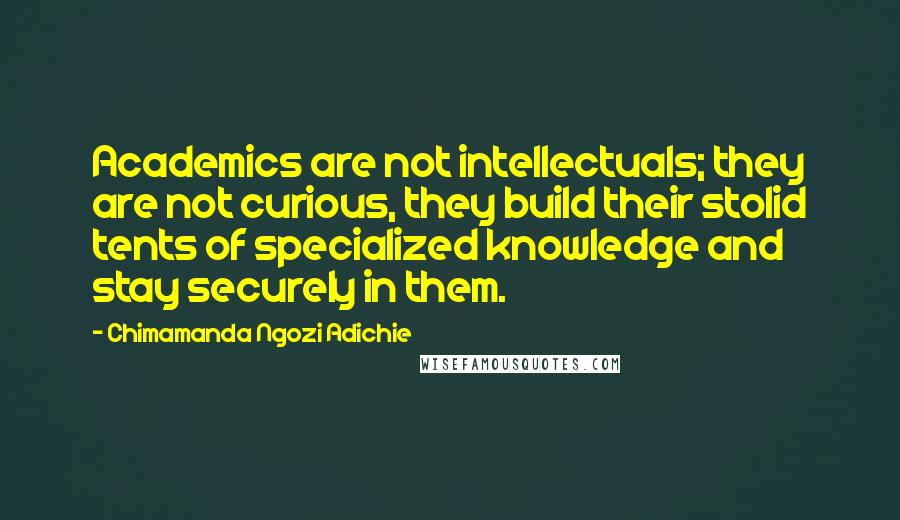 Chimamanda Ngozi Adichie Quotes: Academics are not intellectuals; they are not curious, they build their stolid tents of specialized knowledge and stay securely in them.