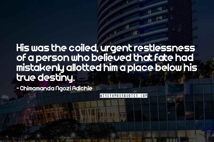 Chimamanda Ngozi Adichie Quotes: His was the coiled, urgent restlessness of a person who believed that fate had mistakenly allotted him a place below his true destiny.