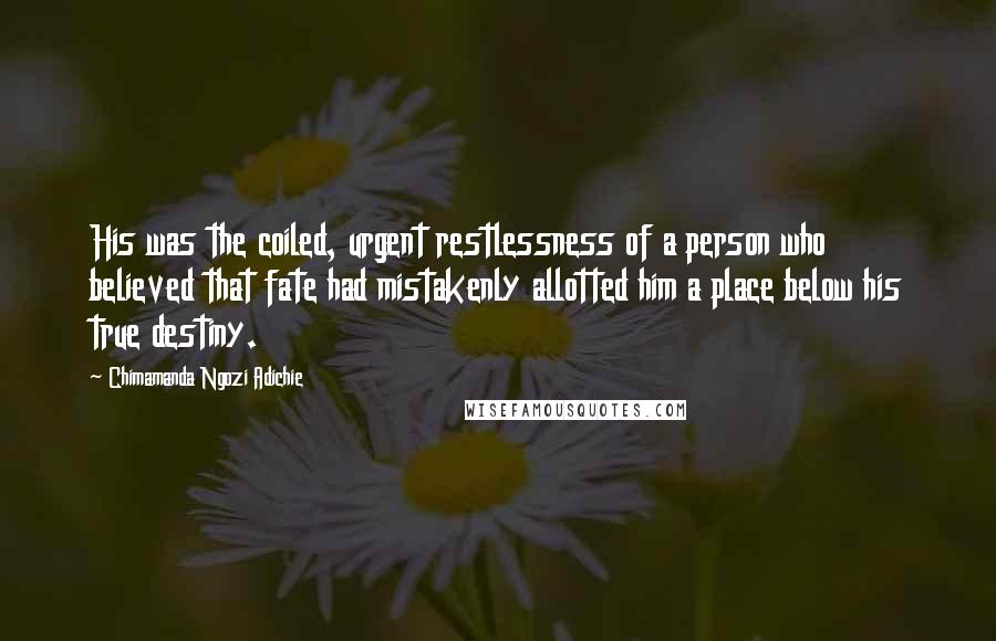 Chimamanda Ngozi Adichie Quotes: His was the coiled, urgent restlessness of a person who believed that fate had mistakenly allotted him a place below his true destiny.