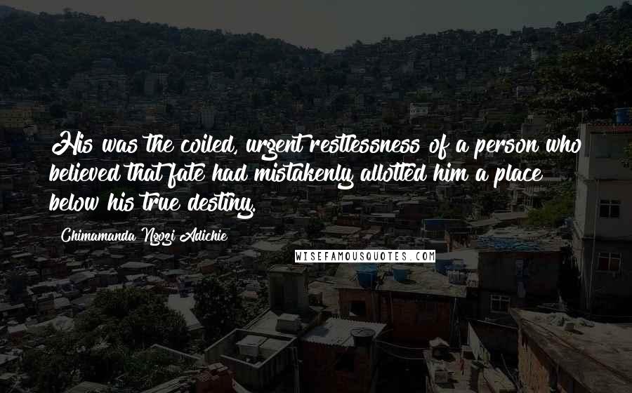 Chimamanda Ngozi Adichie Quotes: His was the coiled, urgent restlessness of a person who believed that fate had mistakenly allotted him a place below his true destiny.