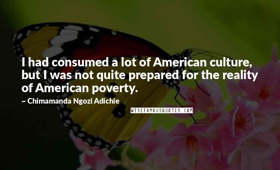 Chimamanda Ngozi Adichie Quotes: I had consumed a lot of American culture, but I was not quite prepared for the reality of American poverty.