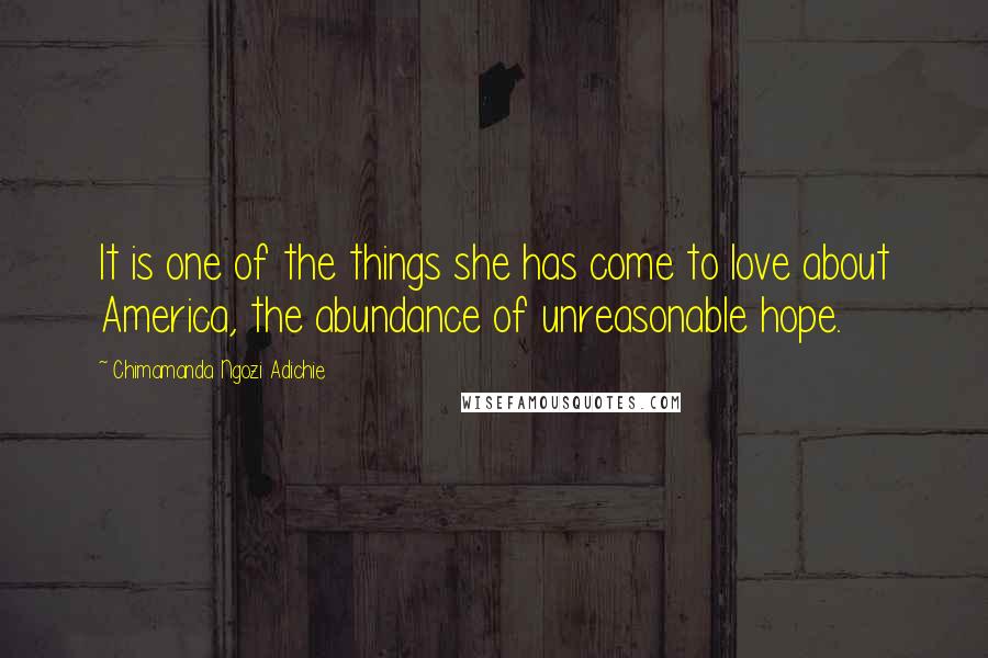 Chimamanda Ngozi Adichie Quotes: It is one of the things she has come to love about America, the abundance of unreasonable hope.