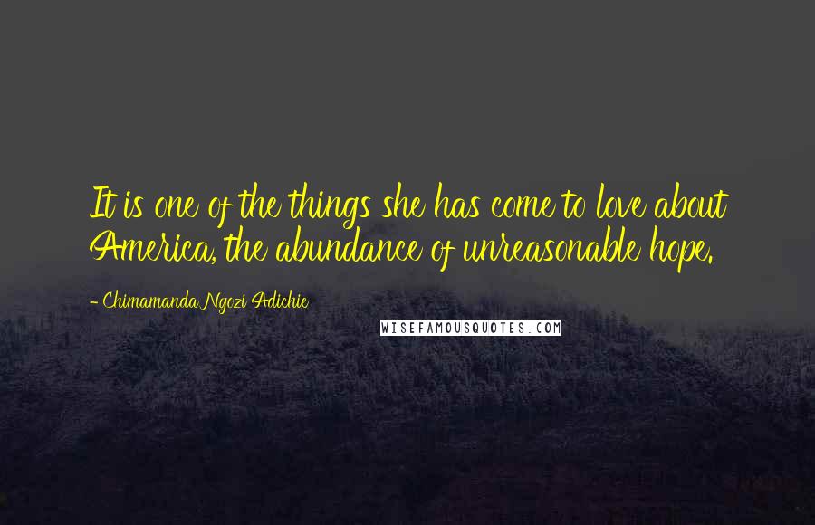 Chimamanda Ngozi Adichie Quotes: It is one of the things she has come to love about America, the abundance of unreasonable hope.