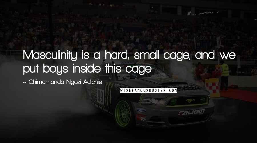 Chimamanda Ngozi Adichie Quotes: Masculinity is a hard, small cage, and we put boys inside this cage.