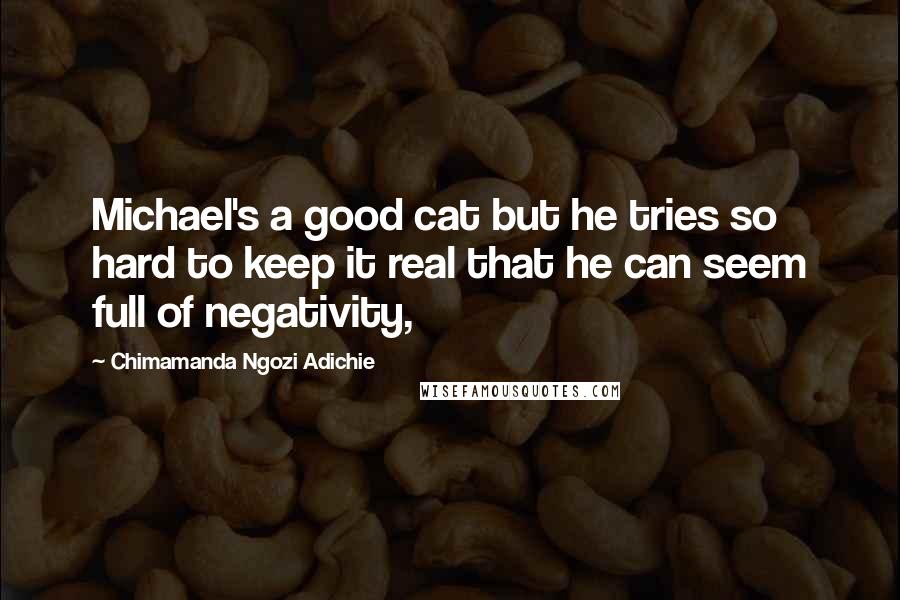 Chimamanda Ngozi Adichie Quotes: Michael's a good cat but he tries so hard to keep it real that he can seem full of negativity,