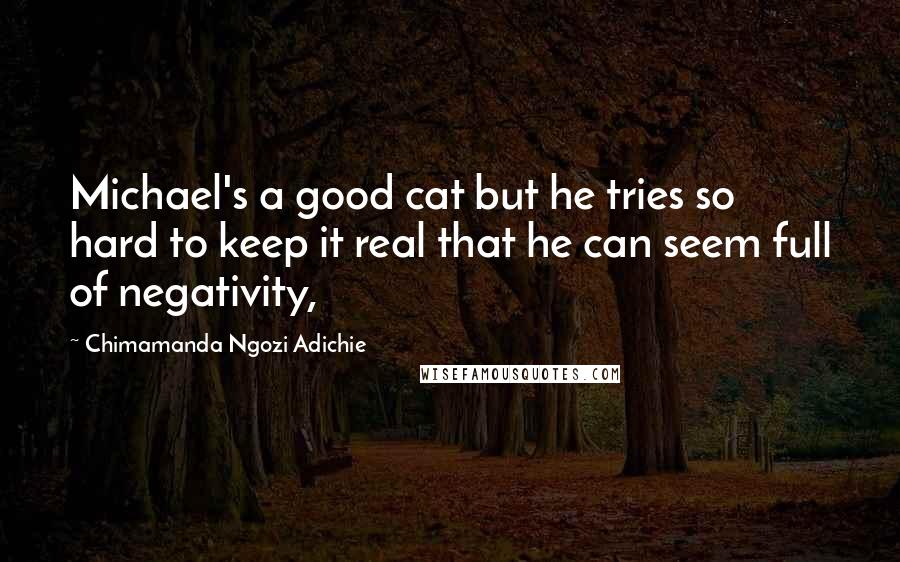 Chimamanda Ngozi Adichie Quotes: Michael's a good cat but he tries so hard to keep it real that he can seem full of negativity,