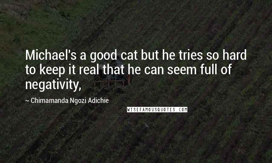 Chimamanda Ngozi Adichie Quotes: Michael's a good cat but he tries so hard to keep it real that he can seem full of negativity,