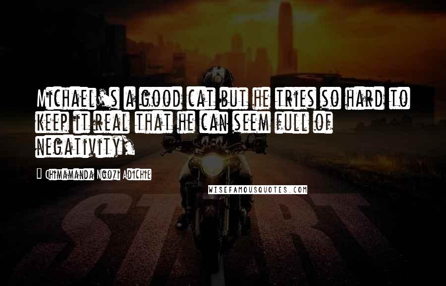 Chimamanda Ngozi Adichie Quotes: Michael's a good cat but he tries so hard to keep it real that he can seem full of negativity,