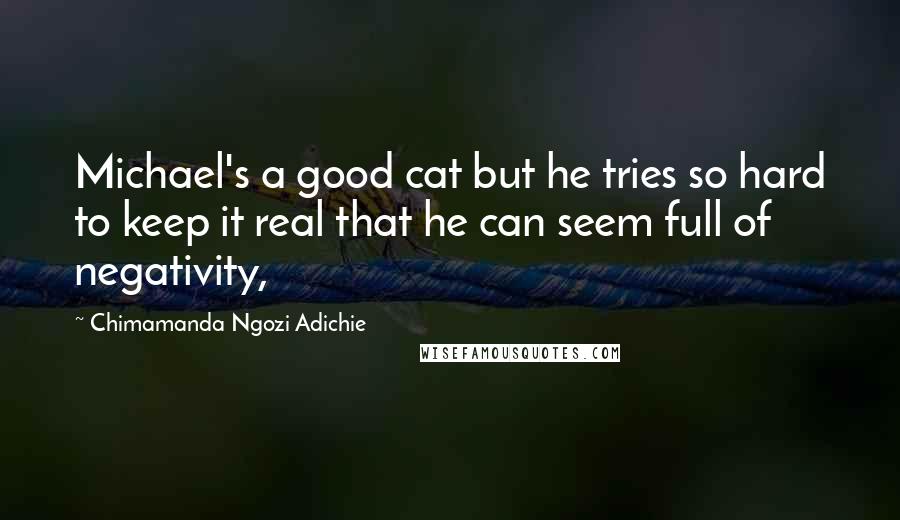 Chimamanda Ngozi Adichie Quotes: Michael's a good cat but he tries so hard to keep it real that he can seem full of negativity,