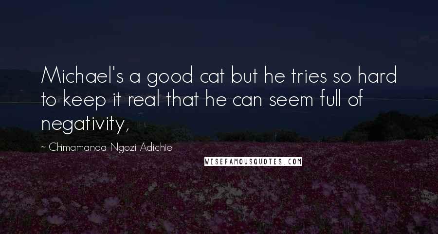 Chimamanda Ngozi Adichie Quotes: Michael's a good cat but he tries so hard to keep it real that he can seem full of negativity,