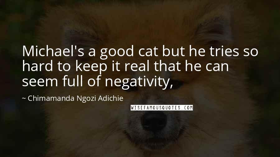 Chimamanda Ngozi Adichie Quotes: Michael's a good cat but he tries so hard to keep it real that he can seem full of negativity,