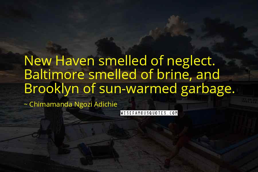 Chimamanda Ngozi Adichie Quotes: New Haven smelled of neglect. Baltimore smelled of brine, and Brooklyn of sun-warmed garbage.