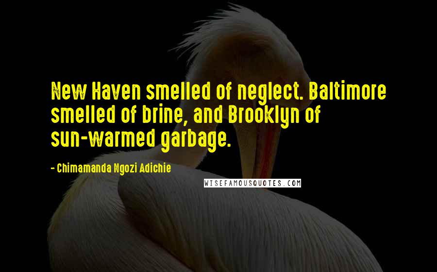 Chimamanda Ngozi Adichie Quotes: New Haven smelled of neglect. Baltimore smelled of brine, and Brooklyn of sun-warmed garbage.