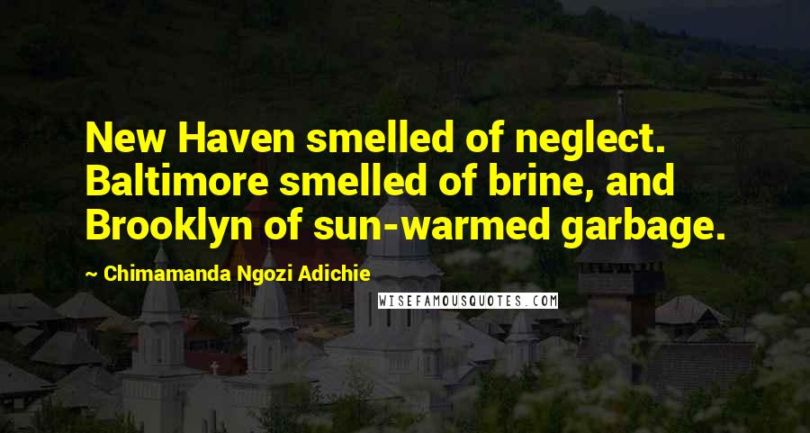 Chimamanda Ngozi Adichie Quotes: New Haven smelled of neglect. Baltimore smelled of brine, and Brooklyn of sun-warmed garbage.