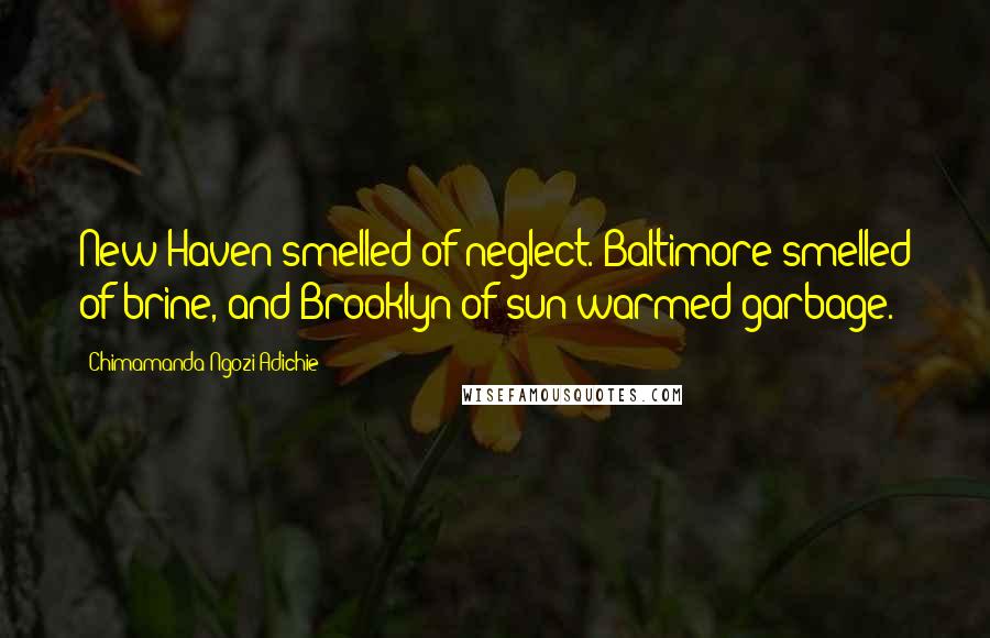 Chimamanda Ngozi Adichie Quotes: New Haven smelled of neglect. Baltimore smelled of brine, and Brooklyn of sun-warmed garbage.