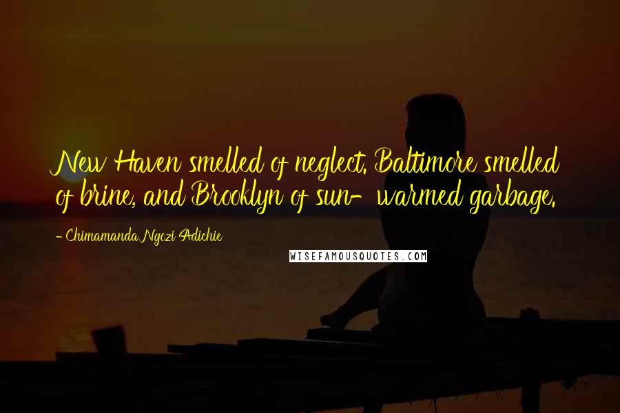 Chimamanda Ngozi Adichie Quotes: New Haven smelled of neglect. Baltimore smelled of brine, and Brooklyn of sun-warmed garbage.