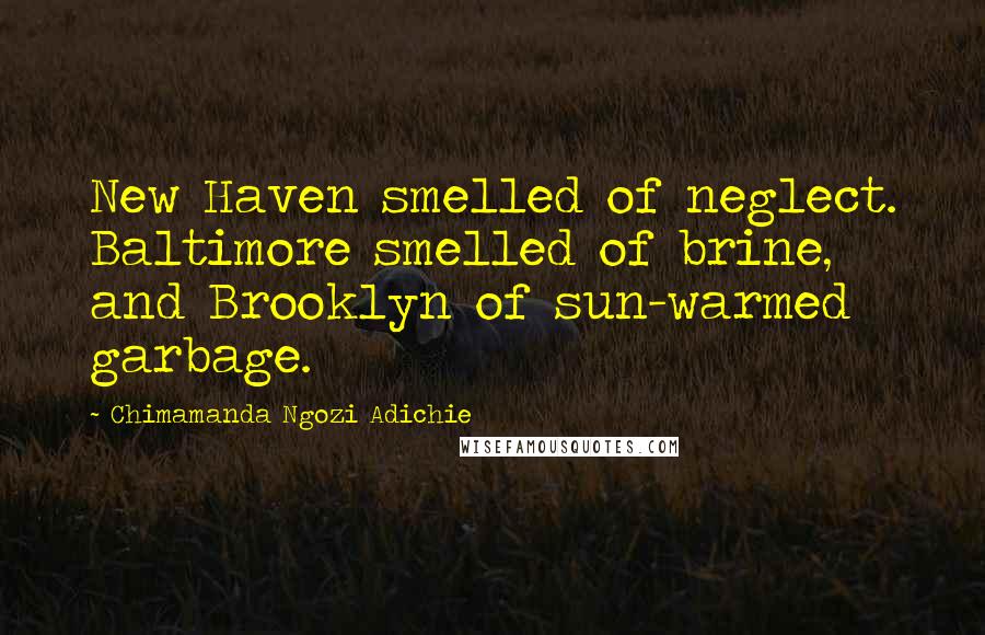 Chimamanda Ngozi Adichie Quotes: New Haven smelled of neglect. Baltimore smelled of brine, and Brooklyn of sun-warmed garbage.