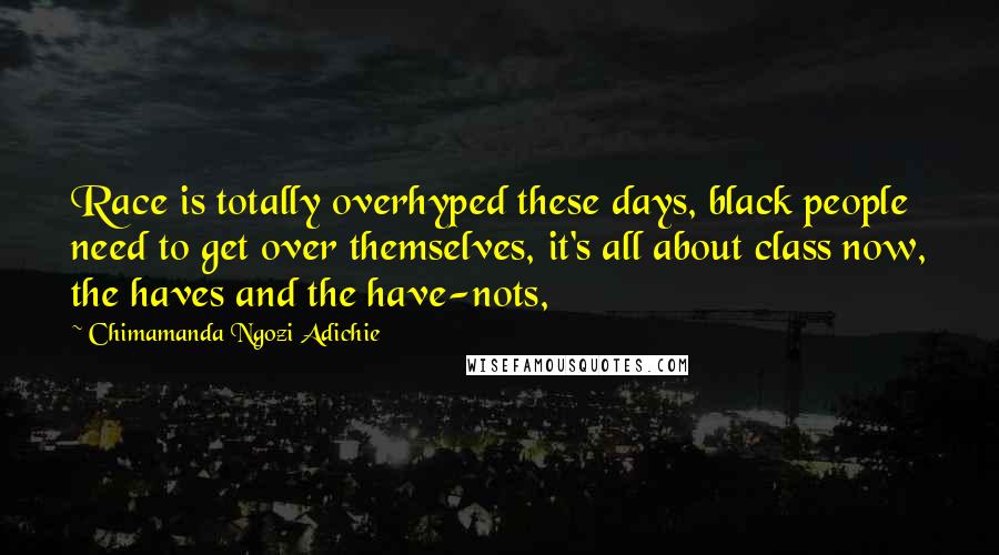 Chimamanda Ngozi Adichie Quotes: Race is totally overhyped these days, black people need to get over themselves, it's all about class now, the haves and the have-nots,