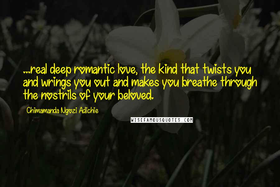 Chimamanda Ngozi Adichie Quotes: ...real deep romantic love, the kind that twists you and wrings you out and makes you breathe through the nostrils of your beloved.