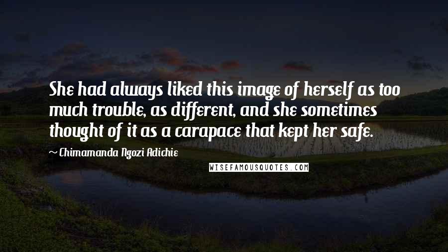 Chimamanda Ngozi Adichie Quotes: She had always liked this image of herself as too much trouble, as different, and she sometimes thought of it as a carapace that kept her safe.