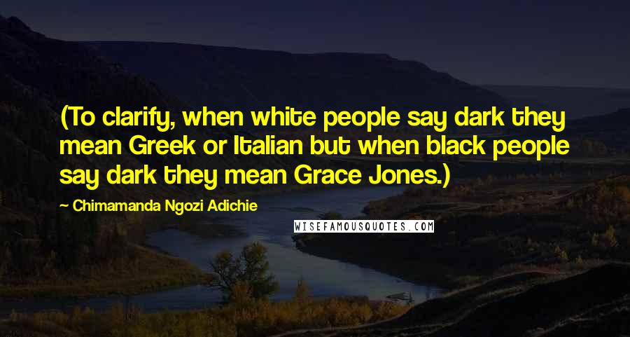Chimamanda Ngozi Adichie Quotes: (To clarify, when white people say dark they mean Greek or Italian but when black people say dark they mean Grace Jones.)