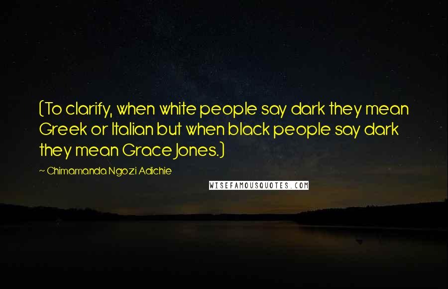 Chimamanda Ngozi Adichie Quotes: (To clarify, when white people say dark they mean Greek or Italian but when black people say dark they mean Grace Jones.)