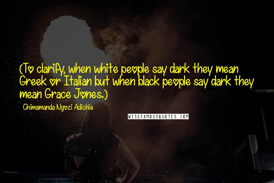 Chimamanda Ngozi Adichie Quotes: (To clarify, when white people say dark they mean Greek or Italian but when black people say dark they mean Grace Jones.)