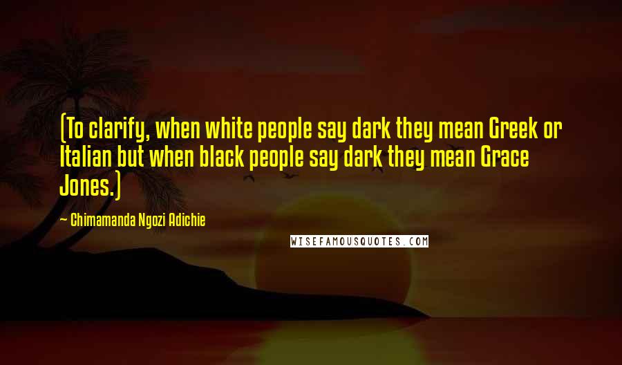 Chimamanda Ngozi Adichie Quotes: (To clarify, when white people say dark they mean Greek or Italian but when black people say dark they mean Grace Jones.)